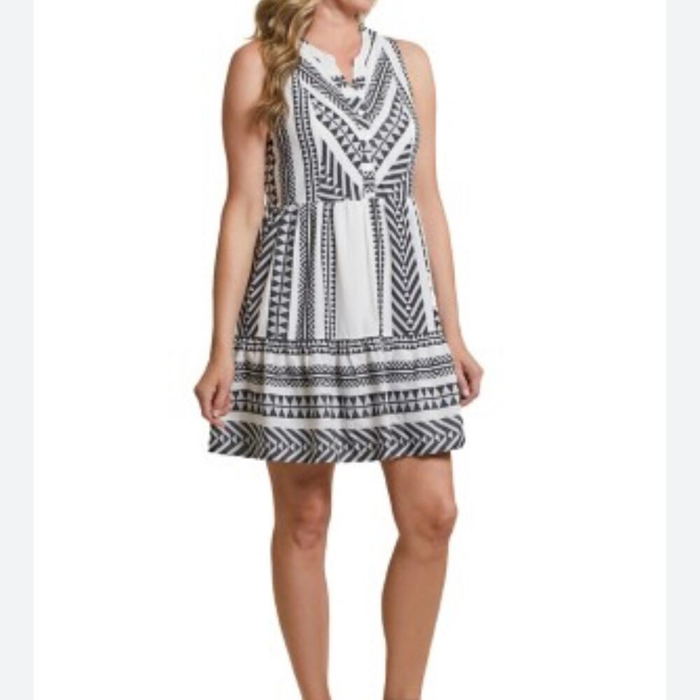 Tribal Black and White Sleeveless Printed A-Line Dress